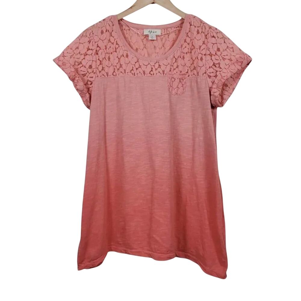 Style & Co Lace Gradient Coral Tie Dye Top Womens Size S Asymmetrical Hem